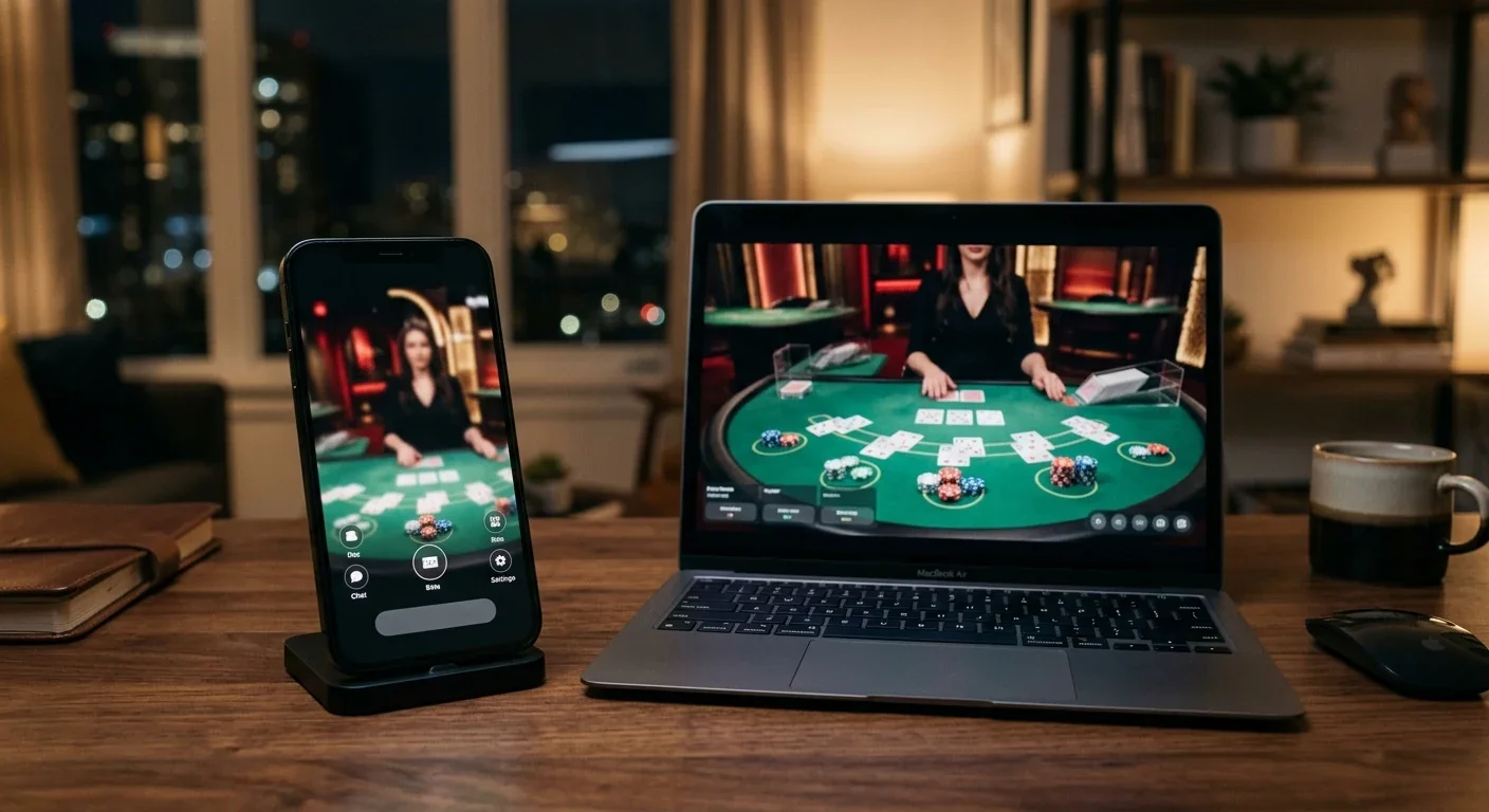 Live dealer tables displayed on a phone beside a laptop