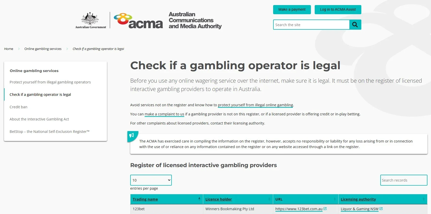 ACMA register of licensed interactive gambling providers used to check Australian wagering licences
