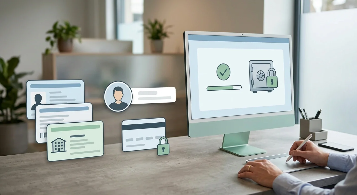 Identity check process showing account details, payment ownership and secure document review